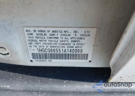 2001 Honda Accord 2.3 Lx from USA, damaged, VIN 1HGCG66551A140069